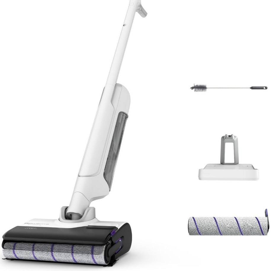 Aspirator vertical fara fir cu spalare Rowenta X-Clean 10 GZ7540WO, 200W, 550 RPM, pana la 60 min autonomie, ecran LED, functie uscare & autocuratare, baza de incarcare cu suport a