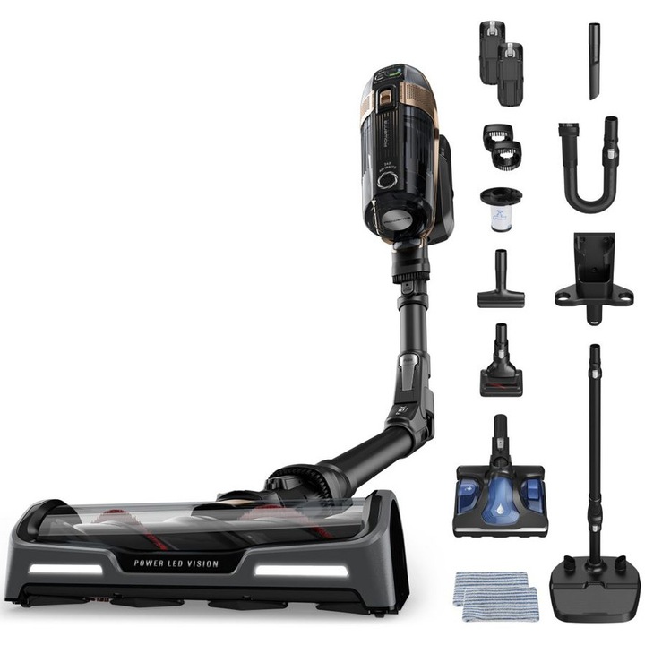 Aspirator vertical fara fir Rowenta X-Force Flex 15.60 RH99G3WO cu mop, 550W, 32.4V, autonomie 80 min, filtrare 99.9%, recipient praf 0.9 L, tub flexibil, perie cu LED, panou digital SmartControl, statie de incarcare cu suport pentru accesorii, negru&maro