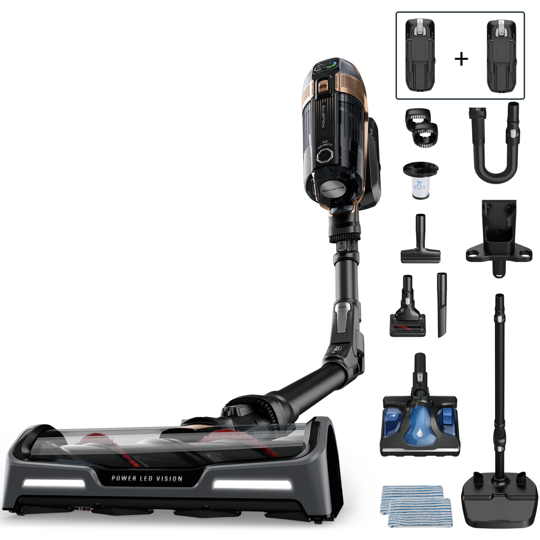 Aspirator vertical fara fir Rowenta X-Force Flex 15.60 RH99G3WO cu mop, 550W, 32.4V, 2 baterii cu autonomie de cate 80 min, filtrare 99.9%, recipient praf 0.9 L, tub flexibil, peri