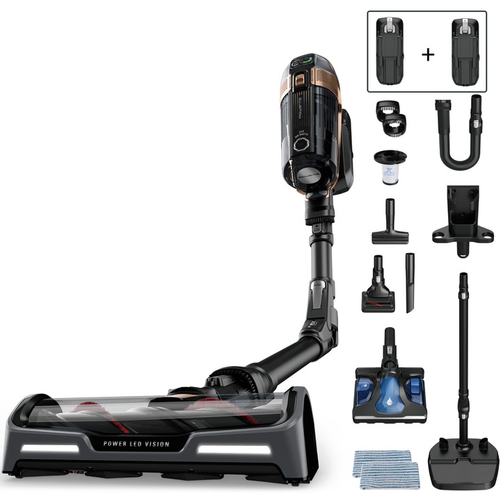 Вертикална прахосмукачка Rowenta X-Force Flex 15.60 RH99G3WO с моп, 550W, 32.4V, 80 мин, 99.9% филтрация,Контейнер за прах 0.9 л, Гъвкава тръба, LED четка, Дигитален панел SmartControl, Станция за зареждане с държач за аксесоари, Черен/Кафяв