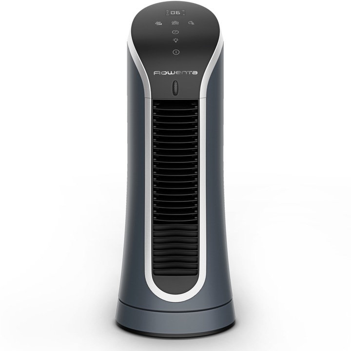Вентилатор тип кула Rowenta Eole Compact VU6220F0, Мини, 11W, 6 скорости, LED дисплей, Автоматично изключване, 8-часов таймер, Компактен дизайн, Нощна функция, Черен/Син