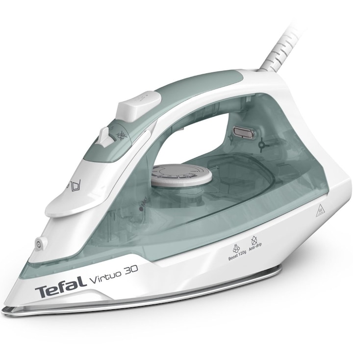 Tefal Virtuo FV2C42E0 gőzölős vasaló, 2000 W, 120 g/perc gőzfúvóka, 0-27 g/perc változtatható gőzmennyiség, 240 ml-es víztartály, kerámia vasalótalp, precíziós hegy, vízkőmentesítő rendszer, csöpögésgátló, zöld és fehér