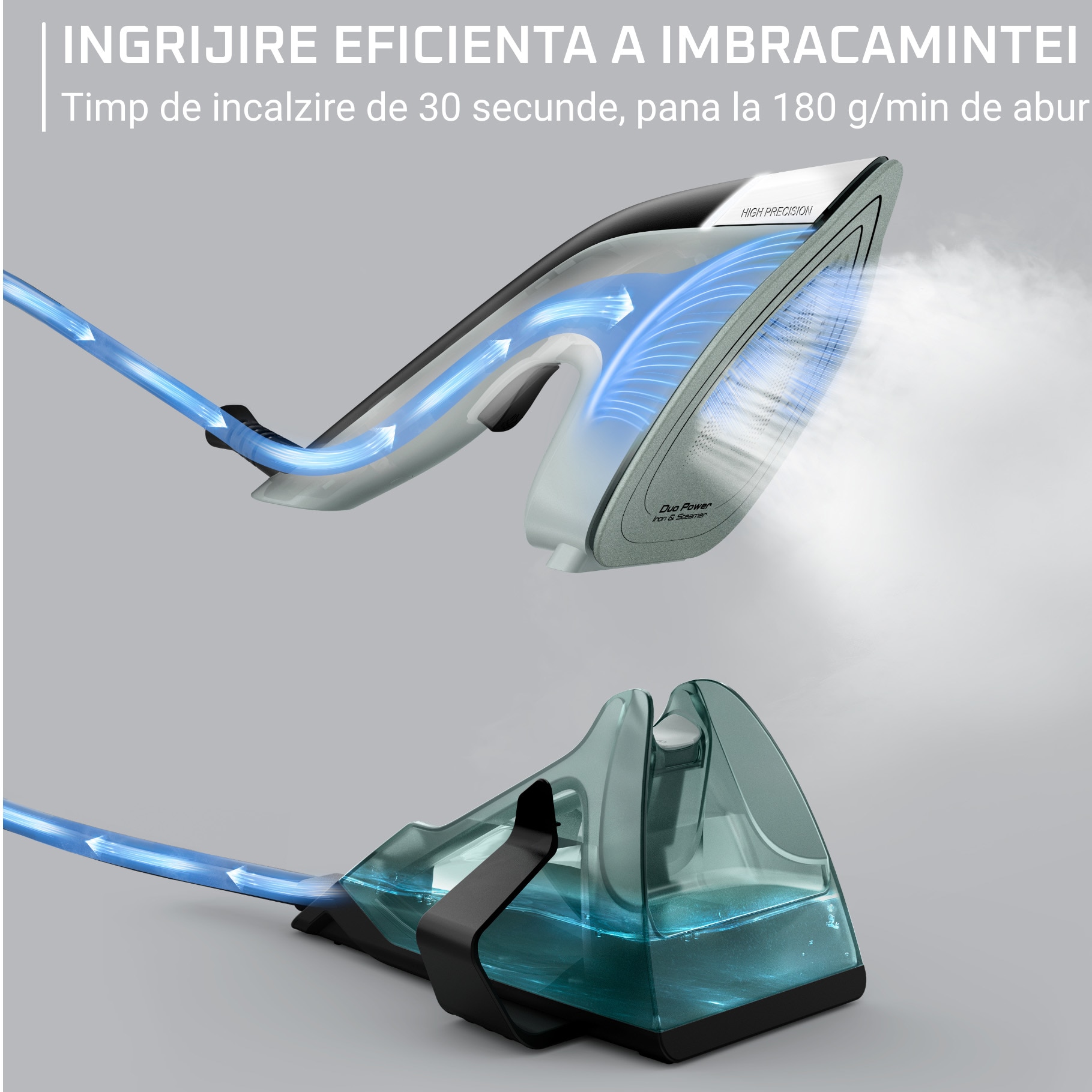 Aparat de calcat vertical cu abur 2 in 1 Tefal Duo Power JF4031E0, 1700W, jet abur 180 g/min, abur variabil 0 - 25 g/min, rezervor apa 400 ml, talpa ceramica, oprire automata, incalzire rapida in 30s, verde & negru