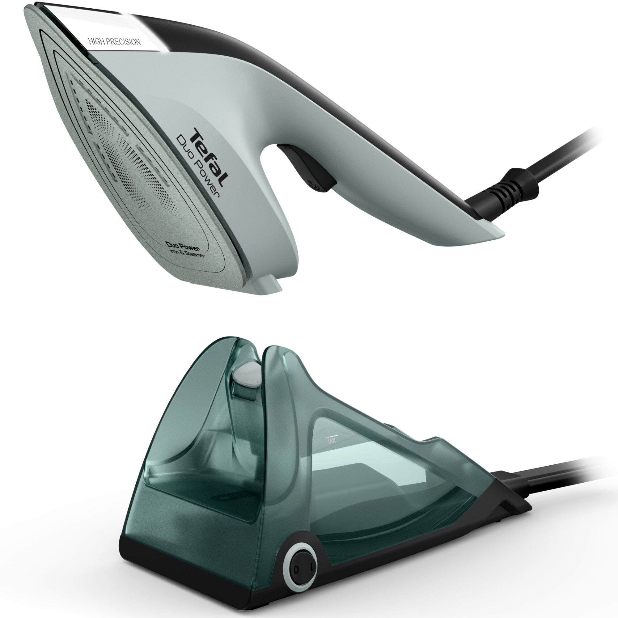 Aparat de calcat vertical cu abur 2 in 1 Tefal Duo Power JF4031E0, 1700W, jet abur 180 g/min, abur variabil 0 - 25 g/min, rezervor apa 400 ml, talpa ceramica, oprire automata, incalzire rapida in 30s, verde & negru