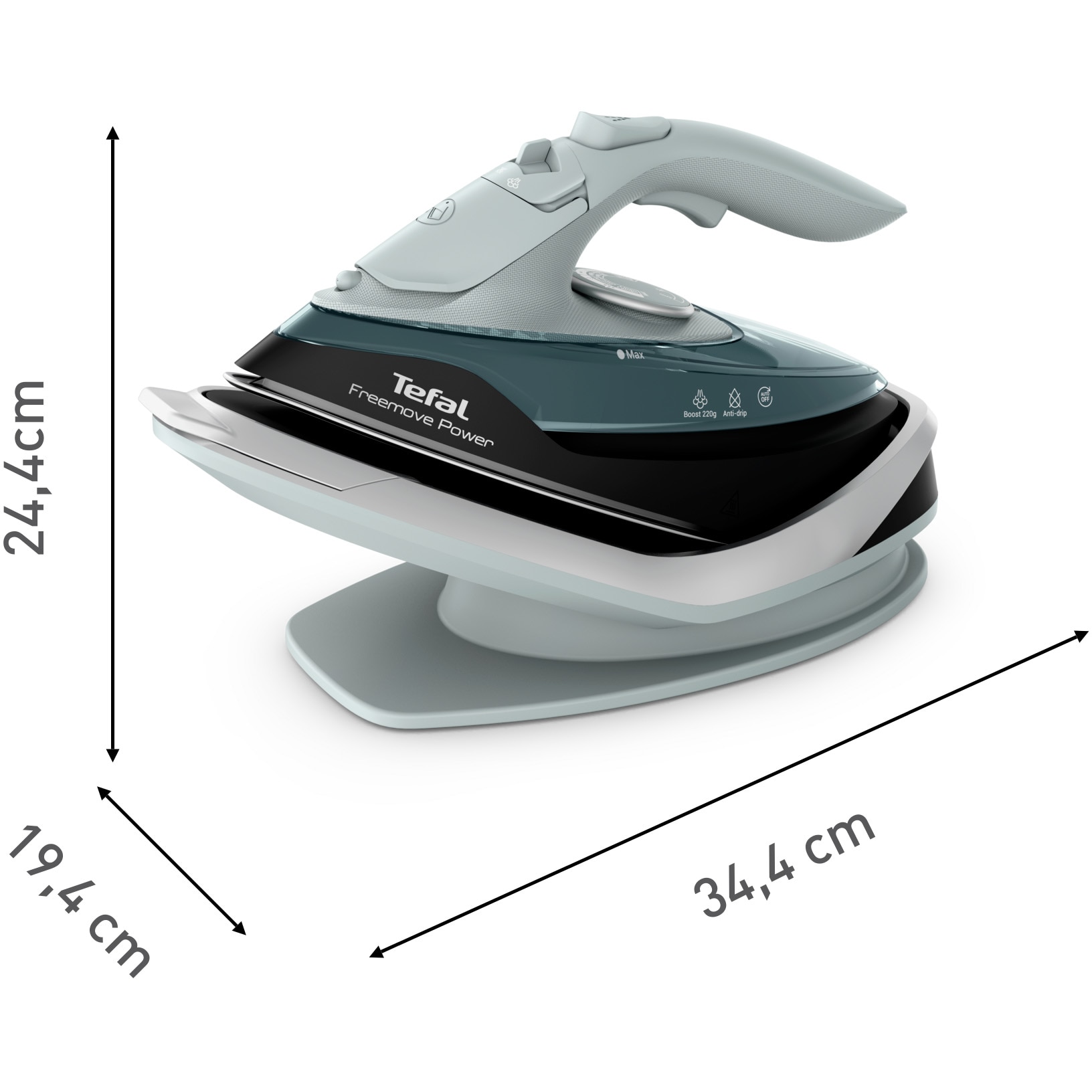 Fier de calcat fara fir Tefal Freemove Power FV6670E0, 2600W, jet abur 220 g/min, abur variabil 0 - 40 g/min, recipient apa 250 ml, sistem anticalcar, talpa ceramica, incalzire rapida in 30s, sistem antipicurare, calcare verticala, verde & negru