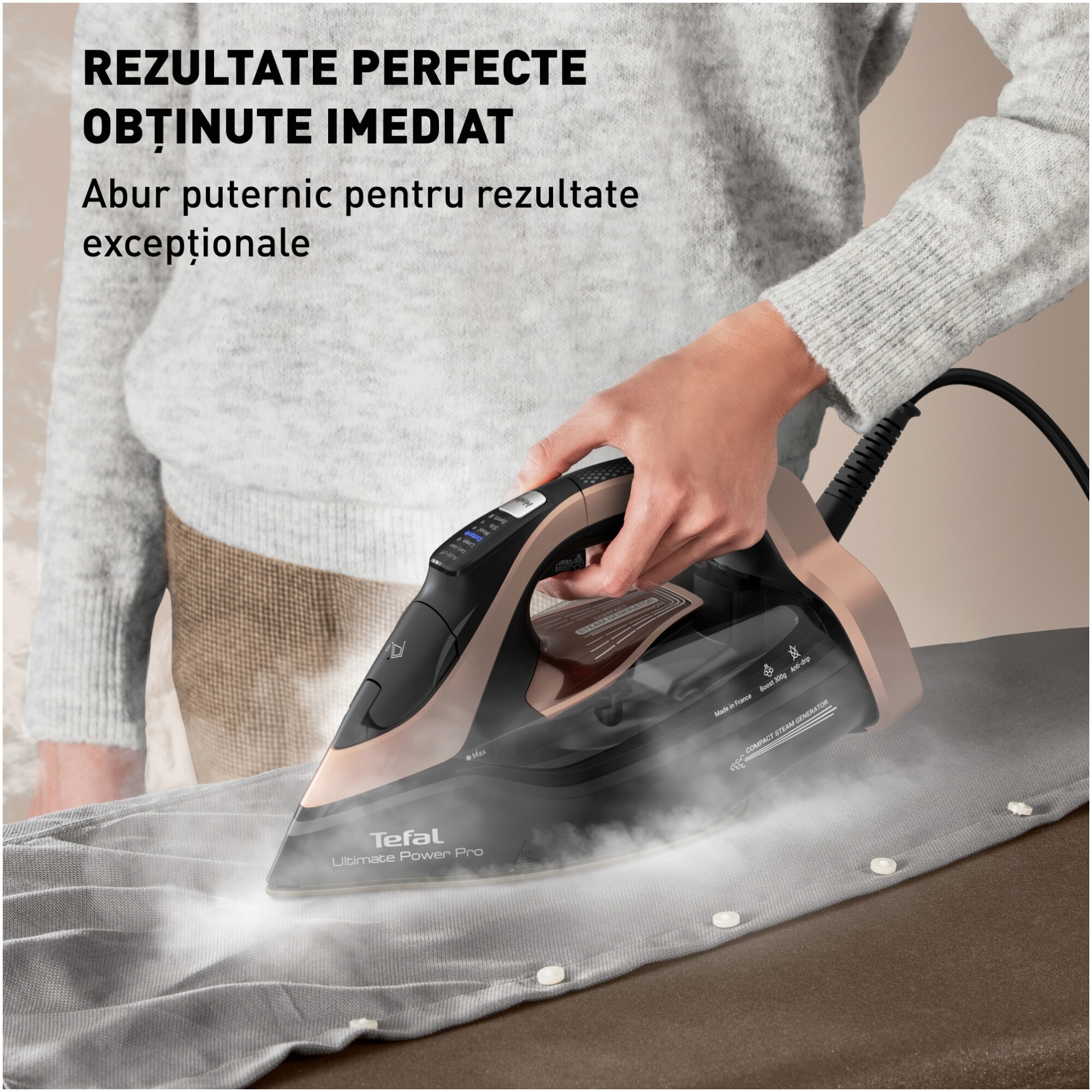 Fier de calcat Tefal Ultimate Power Pro, 3200W, abur constant 85g/min, abur suplimentar 300g/min, capacitate rezervor 350ml