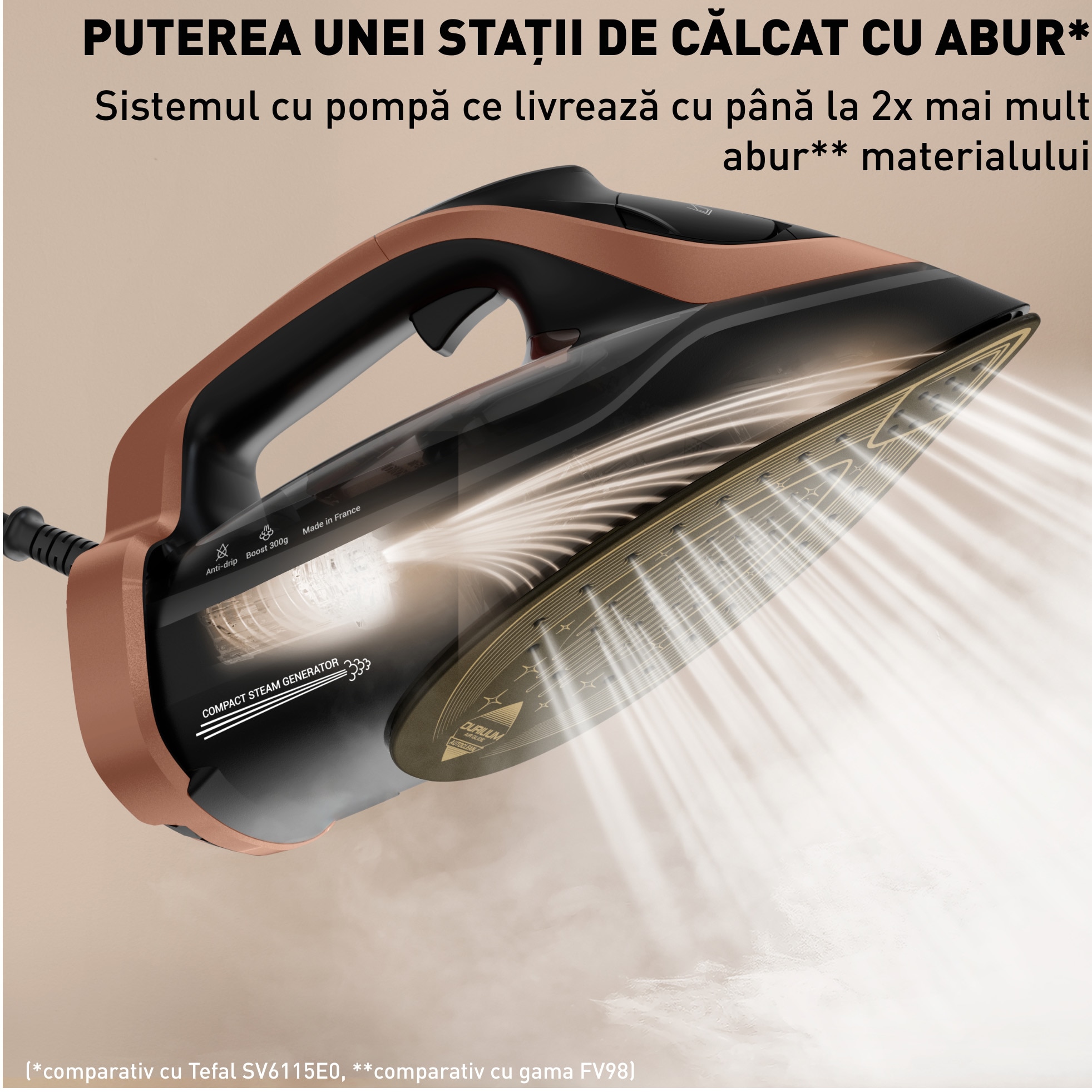 Fier de calcat Tefal Ultimate Power Pro, 3200W, abur constant 85g/min, abur suplimentar 300g/min, capacitate rezervor 350ml