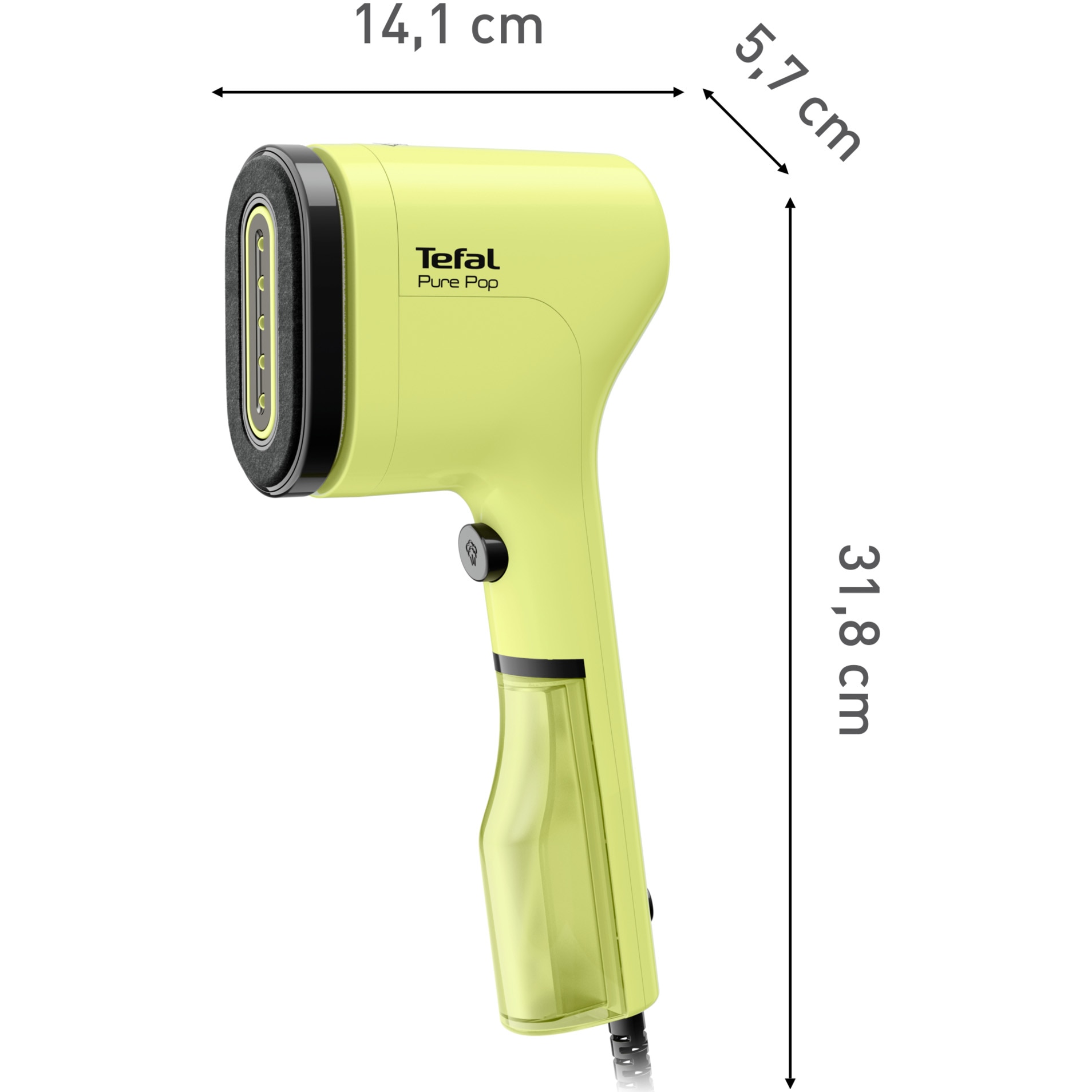 Aparat de calcat vertical cu abur Tefal Pure Pop DT2025E1, 1300W, abur variabil pana la 20g/min, recipient apa 70 ml, incalzire rapida 15 secunde, autonomie 4 min, galben