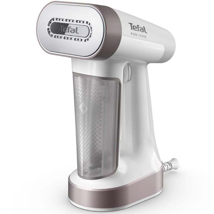 Aparat de calcat vertical cu abur 2 in 1 Tefal Pure Force DT8720E0, 1800W, jet de abur 90 g/min, variabil 0 - 35 g/min, rezervor apa 180 ml, 4 trepte abur, functie Boost, oprire automata, autonomie rezervor apa 12 min, incalzire rapida in 25 s, alb & gri