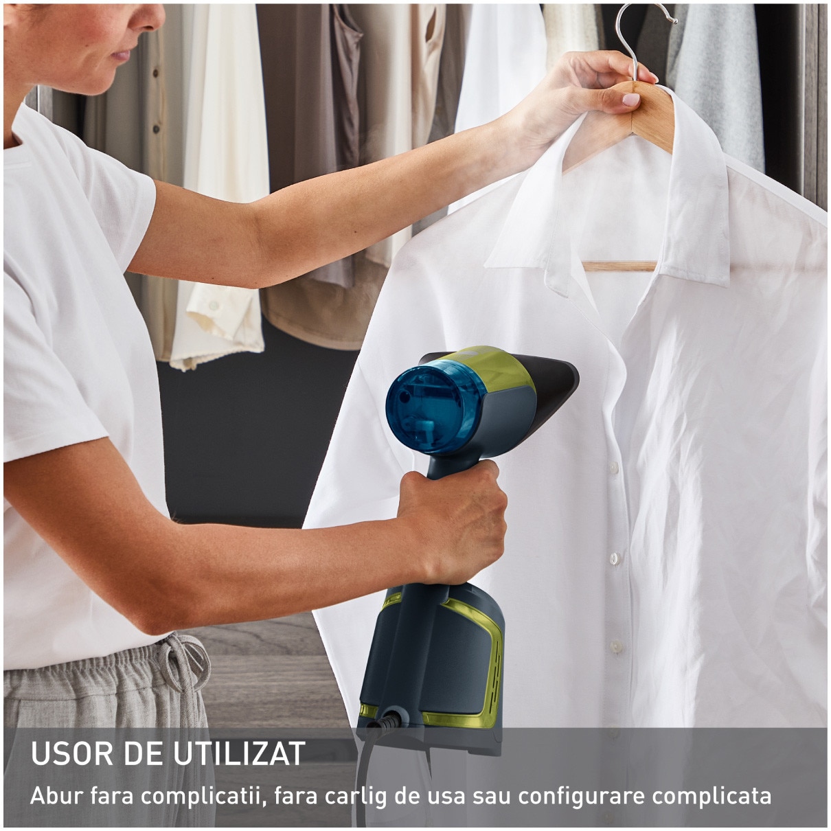Aparat de calcat vertical cu abur Tefal AeroSteam DT9810F0, 1400W, abur variabil 0 - 20 g/min, 3 niveluri de aspirare, rezervor apa 100 ml, talpa monotemp, autonomie 6 minute, albastru & gri