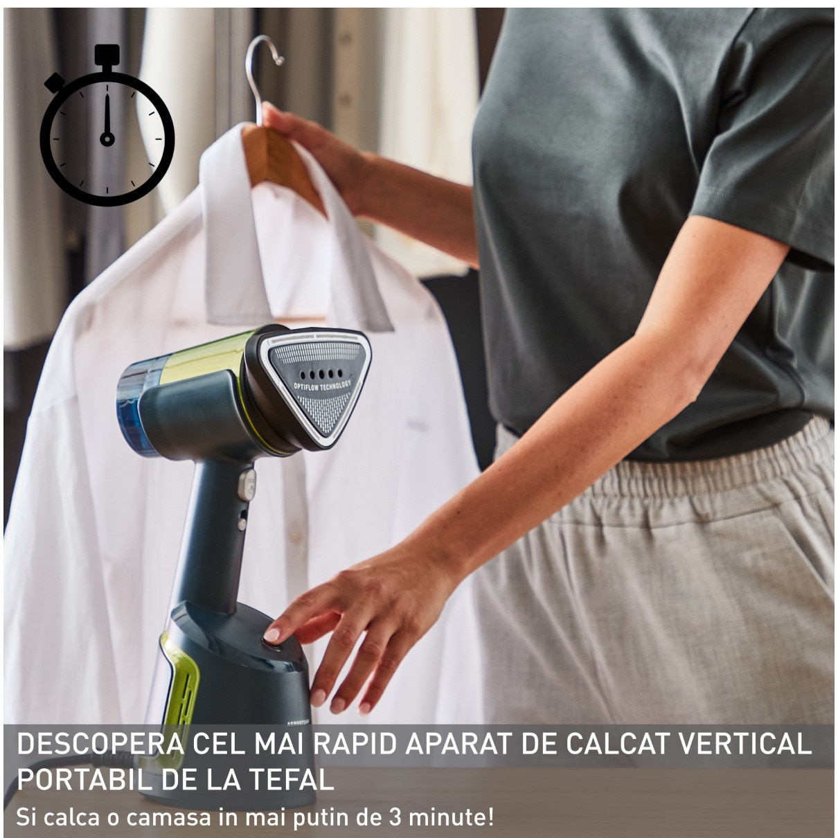 Aparat de calcat vertical cu abur Tefal AeroSteam DT9810F0, 1400W, abur variabil 0 - 20 g/min, 3 niveluri de aspirare, rezervor apa 100 ml, talpa monotemp, autonomie 6 minute, albastru & gri