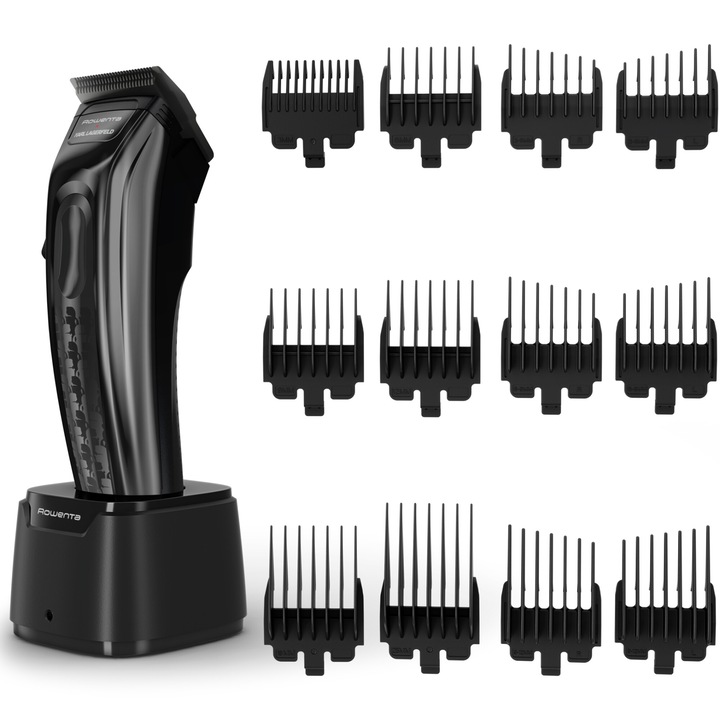 Машинка за подстригване Rowenta x Karl Lagerfeld Barber Experience TN155LE0, 6500 об/мин, 150 мин автономност, 6 фиксирани гребена 3-6-9-12-18-25 мм, Прецизна настройка 0.3 мм, LED индикатор, Зарядна база, Черен/Сив