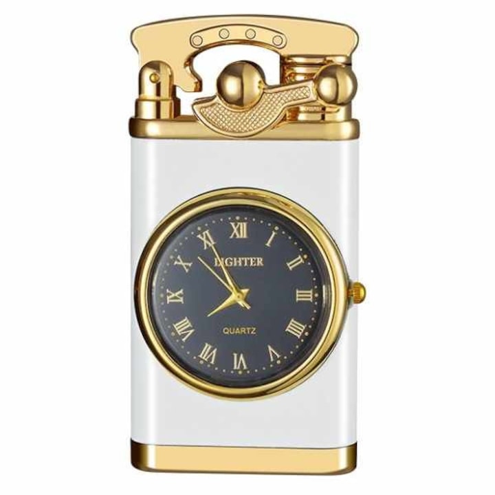 Bricheta Reincarcabila Mercaton, pe Gaz cu Flacara Alba Antivant si Ceas Reglabil Incorporat, 7.5 x 3.8 x 1.5 cm, Alb cu Auriu