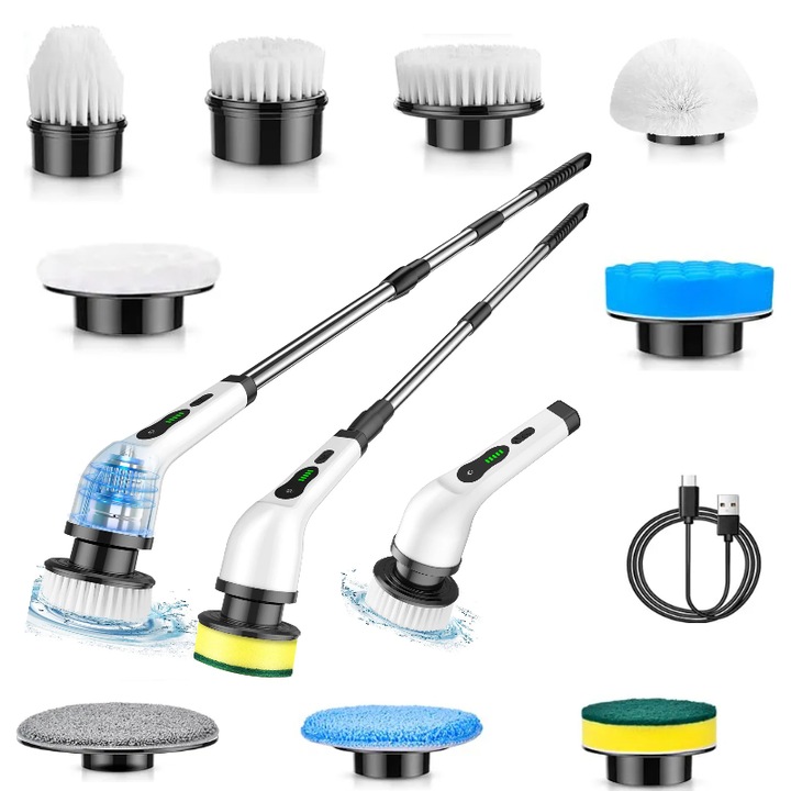 Perie Electrica Rotativa HOZRO, pentru Curatare Eficienta fara Efort, Multifunctionala fara Fir, Maner Extensibil, Baterie 2600mAh USB-C, 9 Capete Detasabile, Alb – Pentru Diverse Suprafete