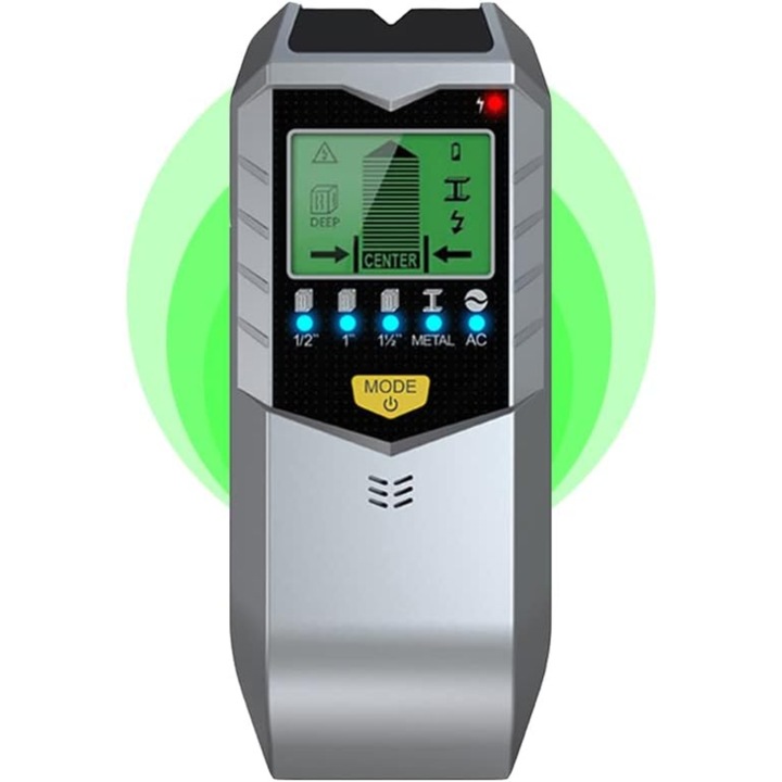 Detector 5-in-1 TEQRO™, Scaner de Perete, Localizare Cabluri Electrice, Metale, Lemn, Profile Rigips, Tevi, Armatura, Ecran LCD, Gri