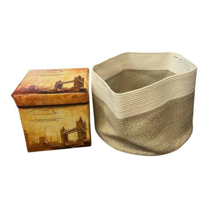 Комплект от 2 кошници за съхранение: декоративна плетена кошница, сгъваема кутия с винтидж лондонски дизайн