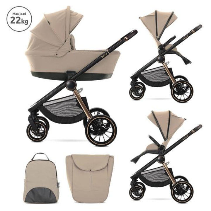 Carucior Set 2 in 1, Lorelli, Bianca, cos landou individual cu maner de transport, cadru din aluminiu, pana la 22 kg, Beige Warm