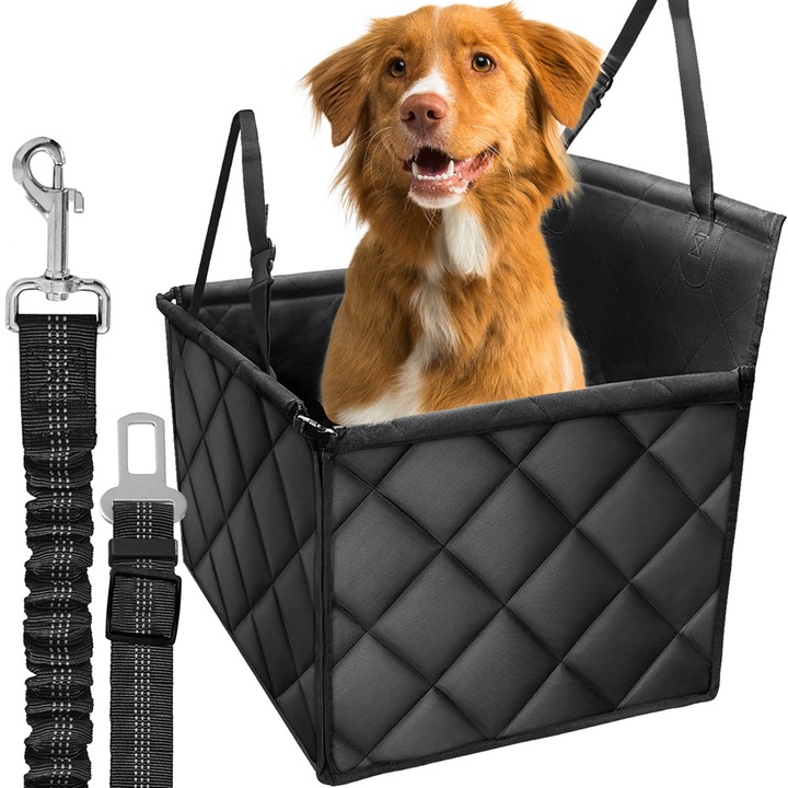 Scaun auto pentru animale de companie, caini si pisici, si centura de siguranta, Impermeabil, Usor de instalat, Lavabil, Pliabil, Rezistent la uzura, Tesatura oxford, Siguranta si confort in calatorie Negru, Renew Force CMD-10