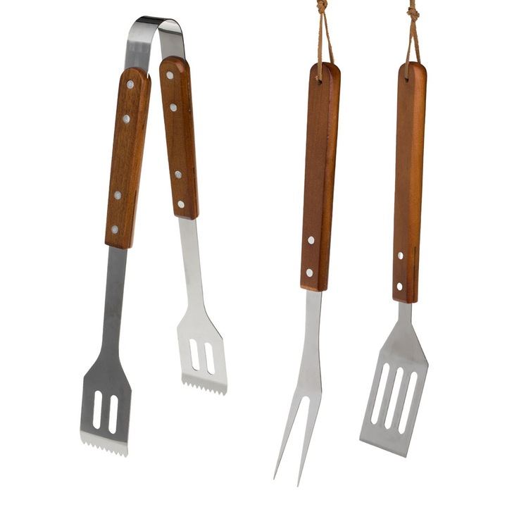 Set Ustensile BBQ din Otel Inoxidabil cu Maner de Lemn - 3buc