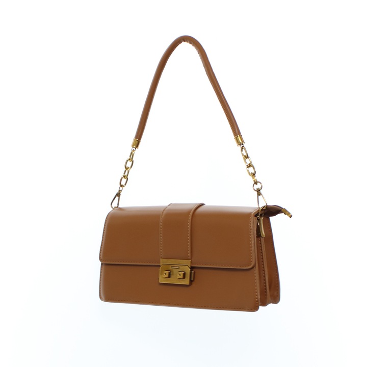 Дамска чанта за през рамо, изработена от синтетичен материал, ButicCochet, 26x14x6 см, със златна катарама, Тъмно кафява - GND990