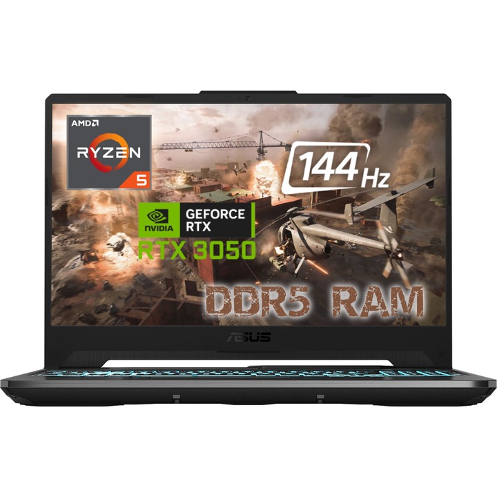 Asus TUF Gaming A15 Gamer Laptop, AMD Ryzen 5 7535HS, 16GB DDR5 Memória, 512GB SSD, 15.6" FullHD, 144Hz Kijelző, Nvidia RTX 3050, Magyar billentyűzet, Fekete, Vírusírtó, Böngésző, Windows 11 Pro