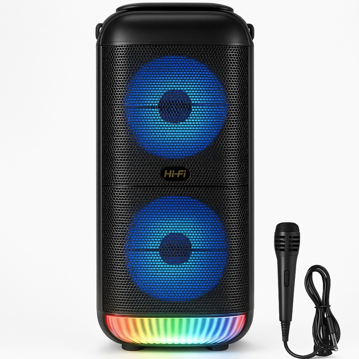 Boxa portabila Barste Bluetooth cu Acumulator Incorporata, 300W PMPO, efecte luminoase, 2 difuzoare HDQ+ BONUS microfon inclus pentru Karaoke
