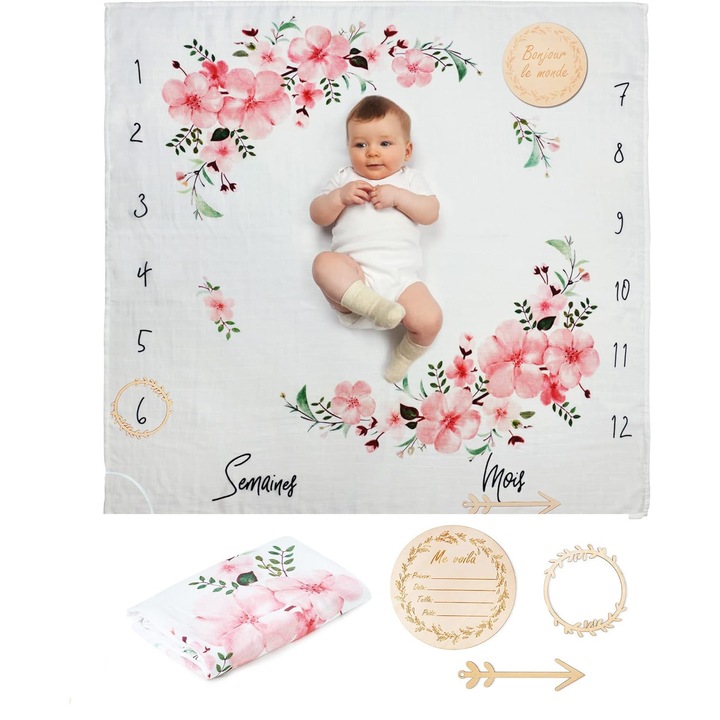 Mérföldkő takaró babáknak, ODOXIA, pamut muszlin, unisex, levelek, franciául