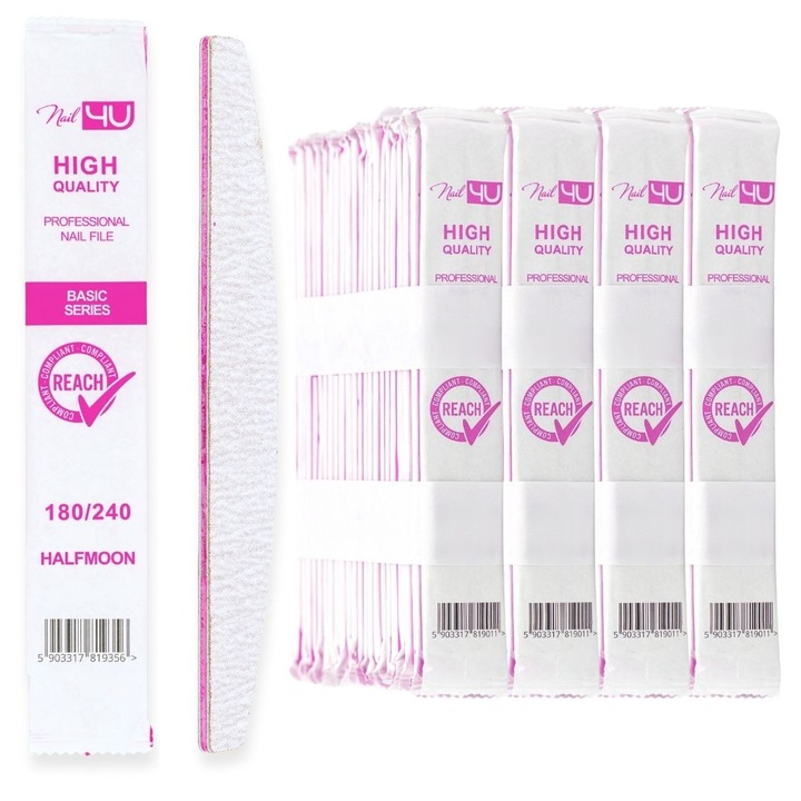 Set 100 Pile Unghii Nail4U Profesionale 180/240, Forma Semiluna Barca, Hartie Abraziva Coreeana Durabila, Ambalate Individual Igienic – Unica Folosinta, Ideale pentru Manichiura, Pedichiura si Saloane
