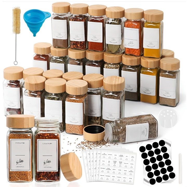 Set recipiente pentru condimente Salestore.ro®, organizator condimente din 24 sticlute cu capace de dozaj de 120 ml, depozitare condimente, borcane condimente, perie, palnie, etichete si marker, capac etans din bambus, Transparent