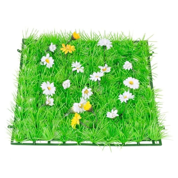 Декоративен панел с изкуствени растения и цветя – Зелена морава 25x25см