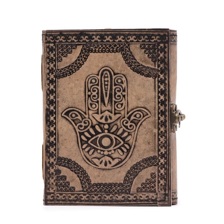 Jurnal din piele handmade Hamsa, 17x12.5cm, 200 pagini, PIELE, gri, 5 x 3 cm, ideal pentru birou, cadou