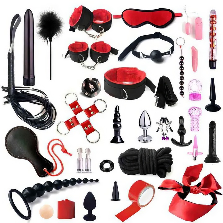 Set BDSM 35 elemente, Lelex, accesorii erotice, negru, diverse dimensiuni