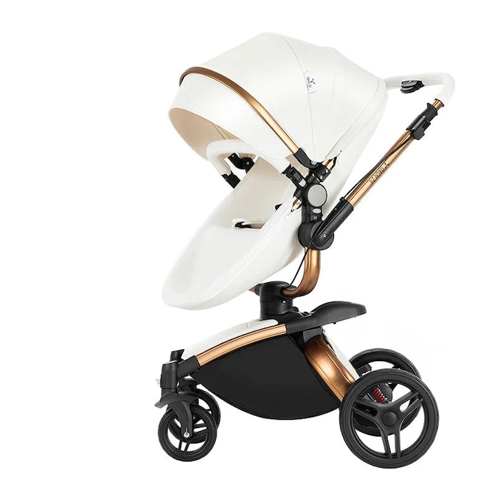 Детска количка 3 в 1, бяла, с опора за кошара и комплект за преобразуване в триколка, лека и сгъваема