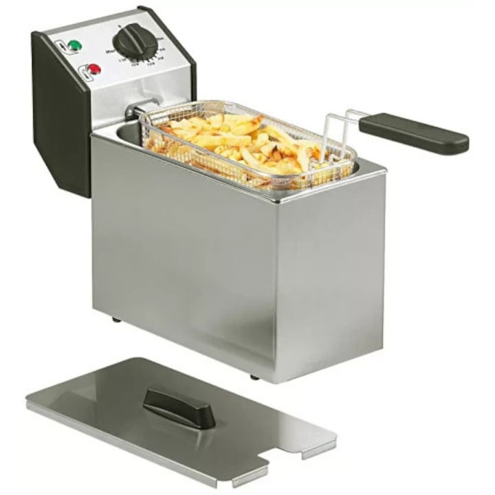 Friteuza traditionala Moulinex AM4800, 3L, 2100W, argintie/neagra, fereastra, deschidere automata