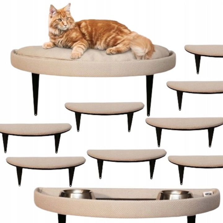 Pat pentru pisici, rafturi suspendate, leagan pentru pisici, spatiu de hranire, montaj pe perete, 8 trepte bej