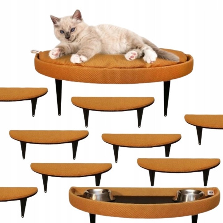 Pat pentru pisici, rafturi suspendate, leagan, spatiu de hranire, 8 trepte mustar