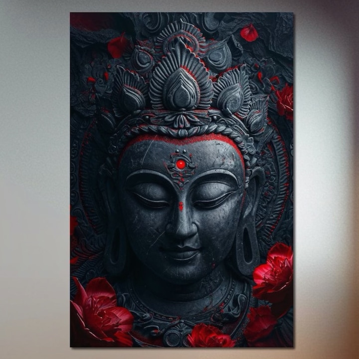 Първокласна картина на платно, LuxCanva® I132, Цветя на мъдростта, 60 X 90 CM, 100% памучно платно 400g/m2, Дървена рамка, Буда, Дзен, Духовност, Баланс, Дълбочина, Енергия, Цветя, Корона, Нощ, Червено, Всекидневна, Спалня