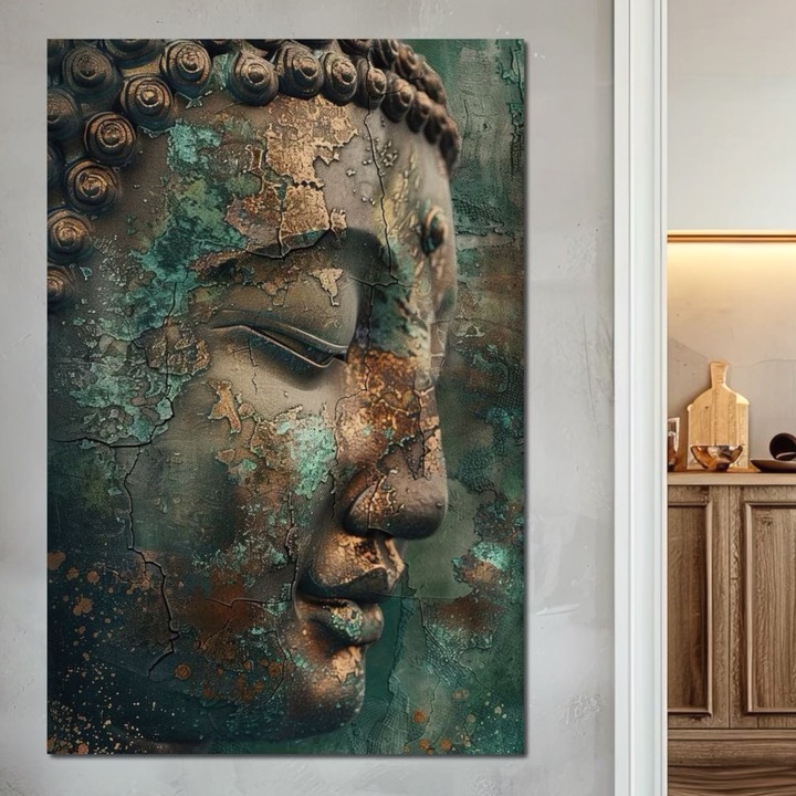 Първокласна картина на платно, LuxCanva® I133, Отражение в руини, 60 X 90 CM, 100% памучно платно 400g/m2, Дървена рамка, Буда, Дзен, Медитация, Профил, Прераждане, Трансформация, Съзерцание, Дълбоко спокойствие, Пукнатини, Всекидневна, Спалня