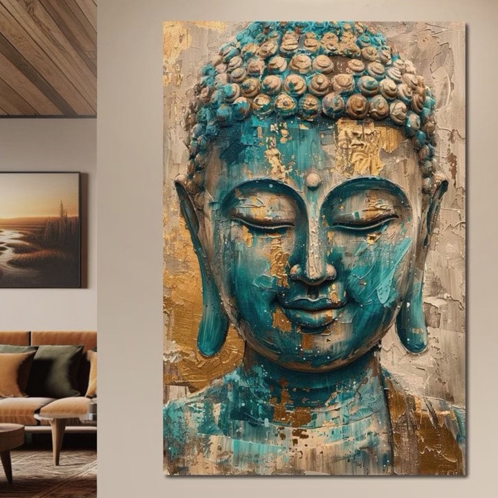 Първокласна картина на платно, LuxCanva® I134, Тюркоазен дух, 60 X 90 CM, 100% памучно платно 400g/m2, Дървена рамка, Буда, Дзен, Медитация, Спокойствие, Хармония, Мистика, Емоция, Вътрешен мир, Ренесанс, Живопис, Изкуство, Всекидневна, Спалня