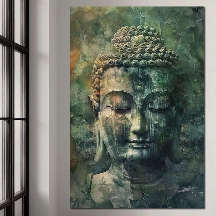 Първокласна картина на платно, LuxCanva® I136, Медитативна същност, 60 X 90 CM, 100% памучно платно 400g/m2, Дървена рамка, Буда, Дзен, Медитация, Мир, Духовност, Емоция, Природа, Хармония, Урна, Изкуство, Сенки, Всекидневна, Спалня