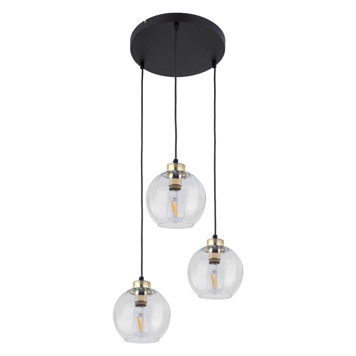 Lustra DEVI, TK-Lighting, 3 flacari, sticla transparenta, metal negru cu elemente aurii