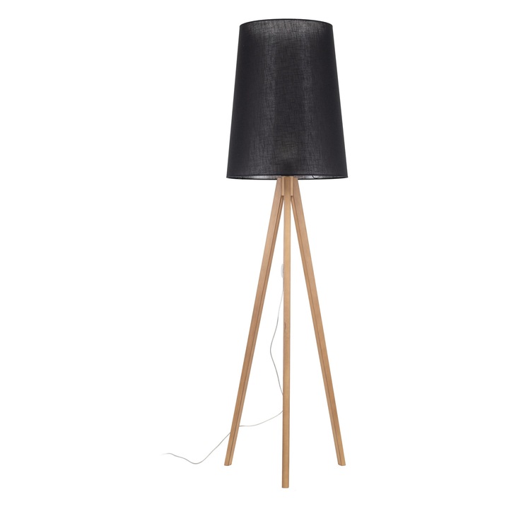 Lampa de podea TK-Lighting, model WALZ, abajur cilindric, picioare din lemn, neagra, FSC 100%