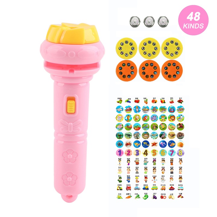 Lanterna proiector copii, modele animale, roz, 48 modele, 15x5cm