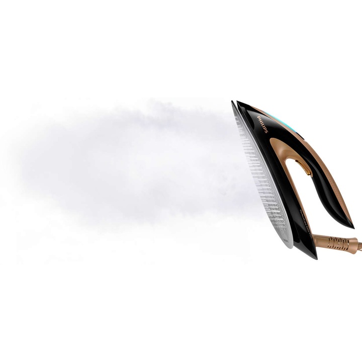 Statie de calcat cu abur Philips PerfectCare Elite Advanced GC9682/80, 2700W, 8 bari, jet de abur continuu 165 g/min, jet de abur 600g, talpa T-ionicGlide, tehnologie OptimalTemp, rezervor 1.8L, sistem Easy De-Calc Plus, Auriu/Negru