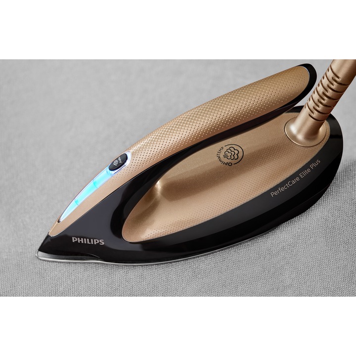 Statie de calcat cu abur Philips PerfectCare Elite Advanced GC9682/80, 2700W, 8 bari, jet de abur continuu 165 g/min, jet de abur 600g, talpa T-ionicGlide, tehnologie OptimalTemp, rezervor 1.8L, sistem Easy De-Calc Plus, Auriu/Negru