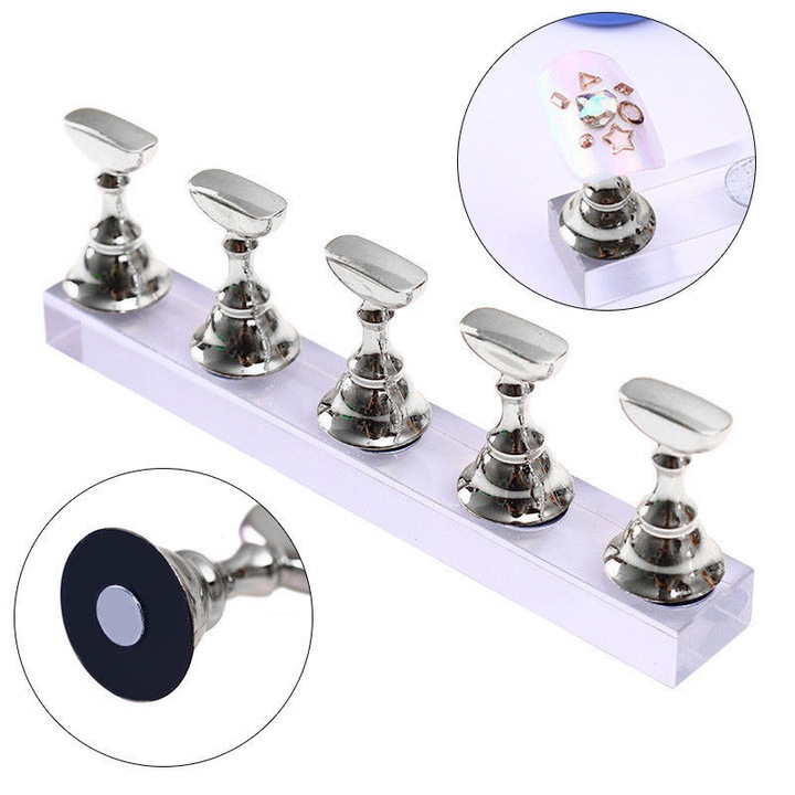 Stand pentru practica si expunere modele unghii 0804BM-BSTY00327084, acril si aliaj, argintiu, baza 11 x 1 cm, piese 2,5 x 1,2 cm