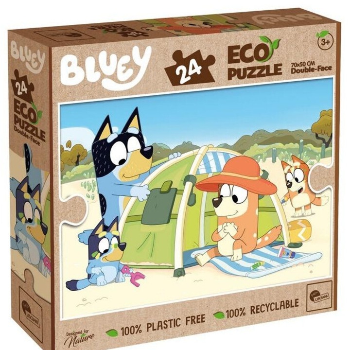 Puzzle 24 elemente Bluey Eko, Lisciani, dimensiune 70x50cm, reciclabile, set dwustronne