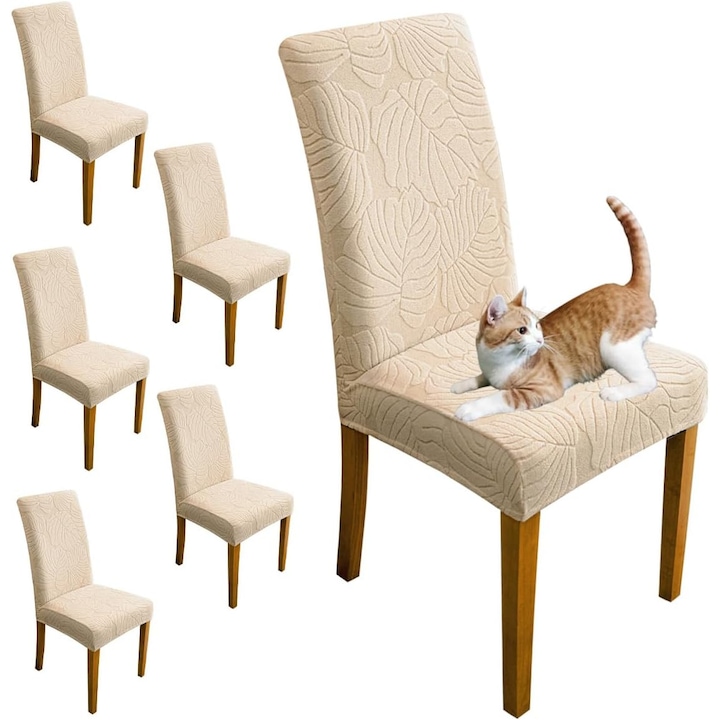 Калъфи за столове (комплект от 6), универсални еластични калъфи за столове от спандекс за дома, ресторанта, банкетите (кремаво бяло)