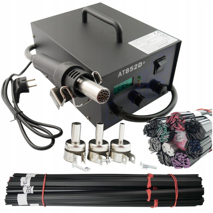 Aparat De Sudura Pentru Plastic At-852 Cu Set De Duze Si Materiale De Sudura, Daro Unelte, At-852, Capacitate 30 L/Min, Temperatura Pana La 480 Grade Celsius, Lungime Furtun Cu Maner 1 M, Putere Sculera 600 W, 1000 x 110 x 100 mm, Multicolor, 10x100G