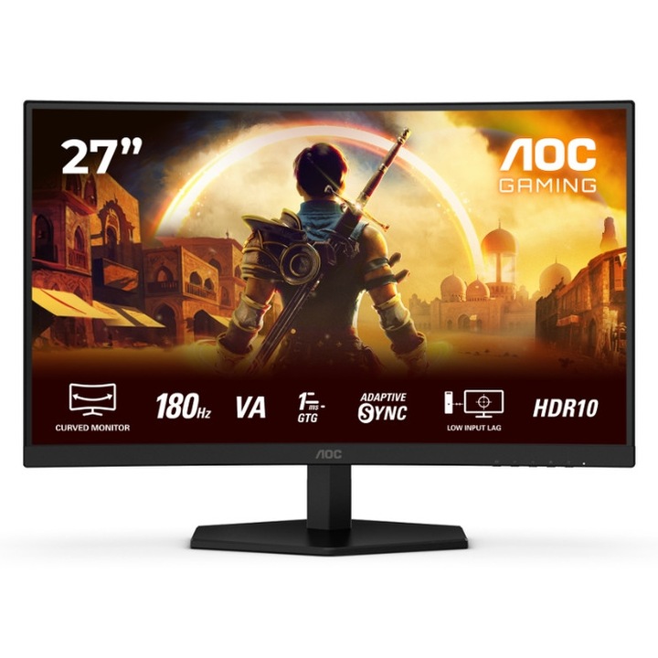 AOC C27G42E monitor, 27" Ívelt 1500R, VA, WLED, 1920x1080@180Hz, 1ms GtG, 0.5ms MPRT, 300cd m/2, 3000:1, 80M:1 DCR, Adaptív szinkron, Villódzásmentes, Alacsony kékfény-kibocsátású, 2Wx2, Dönthető, 2xHDMI, DP C27G42E